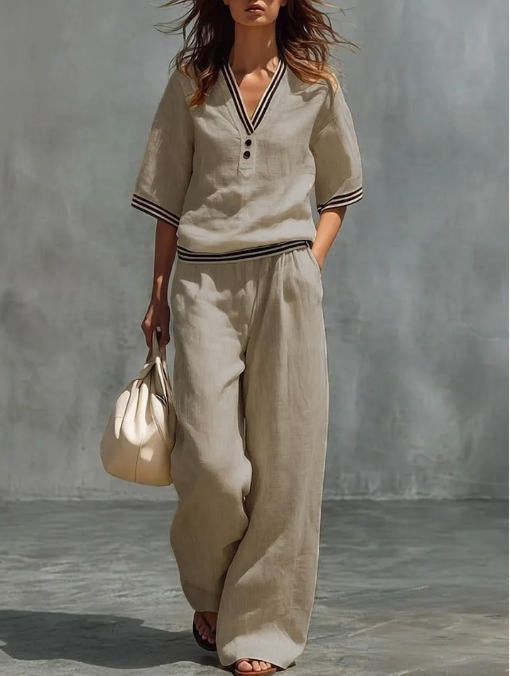 Womens Linen V Neck Wide Leg Pants Set