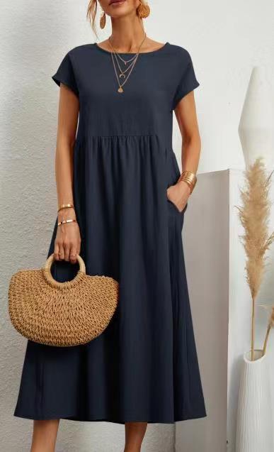 Womens Short Sleeve Cotton Linen Dress with Pockets