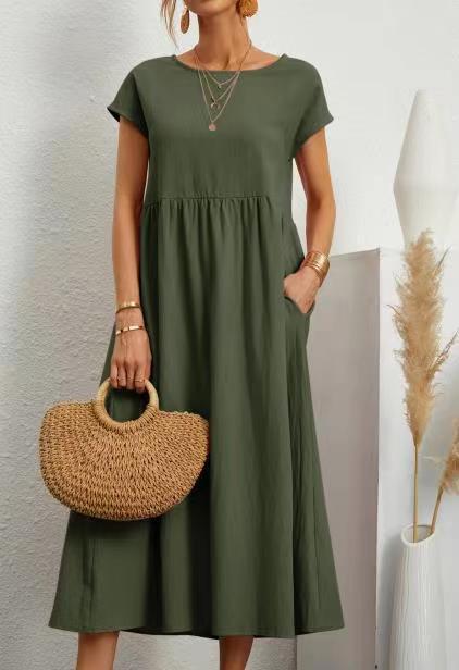 Womens Short Sleeve Cotton Linen Dress with Pockets
