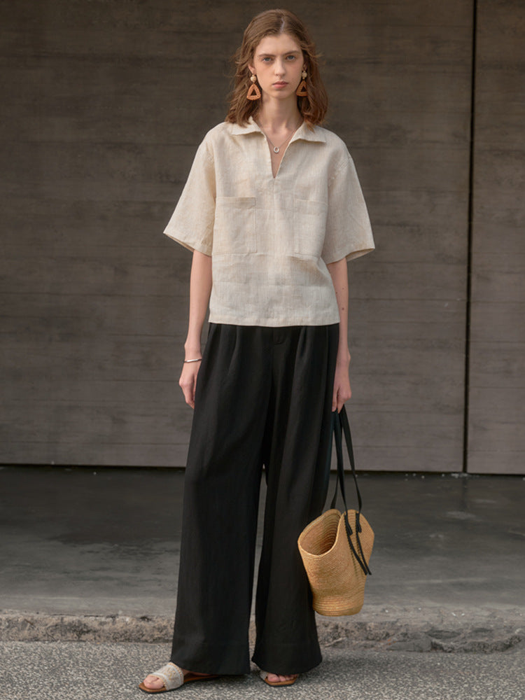Linen V-Neck Loose Short Sleeve Womens Shirt