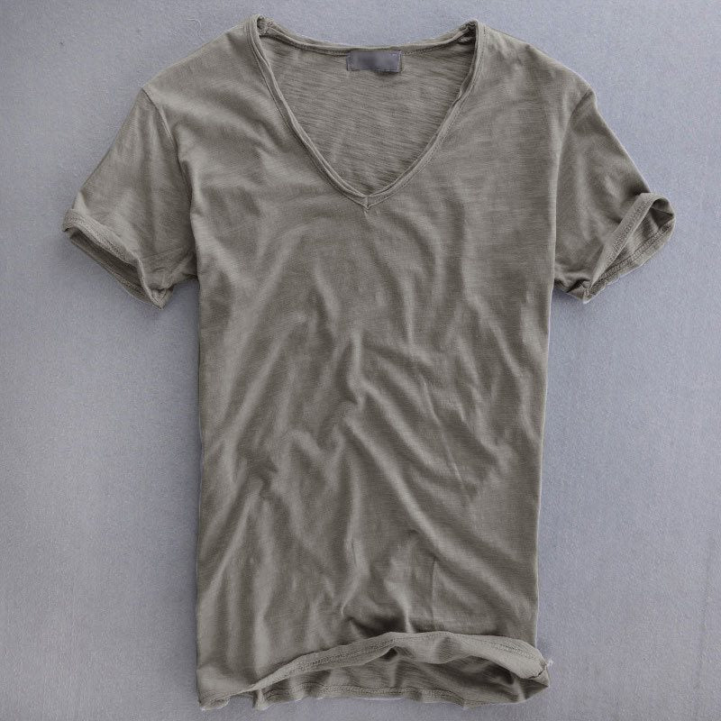 Men's Linen Cotton Short Sleeve T-Shirt V-Neck Solid Color