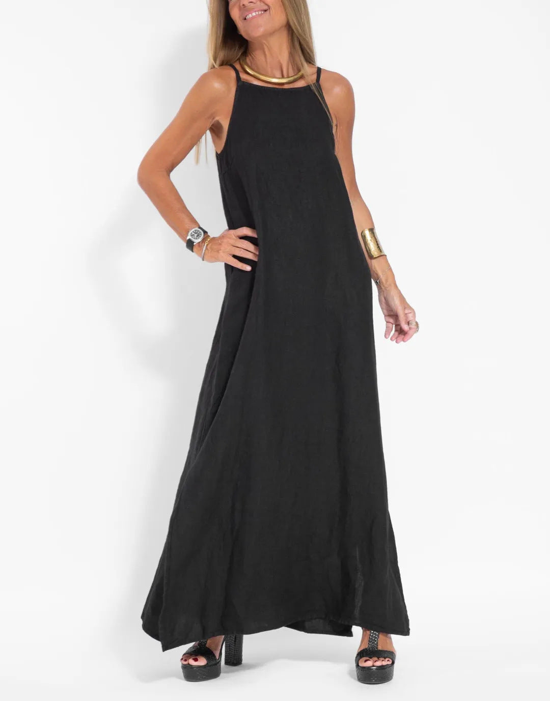 Casual Cotton Linen Slit Suspender Dress