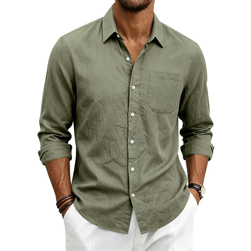 Mens Casual Linen Shirt Solid Color Long Sleeve Button Down