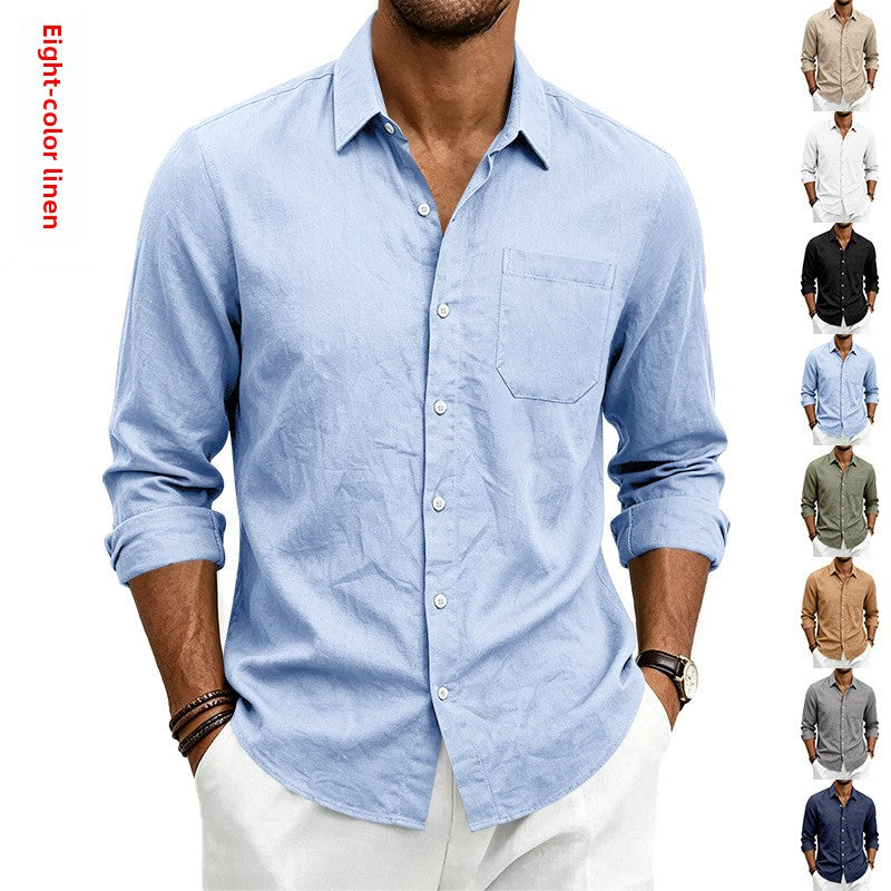 Mens Casual Linen Shirt Solid Color Long Sleeve Button Down
