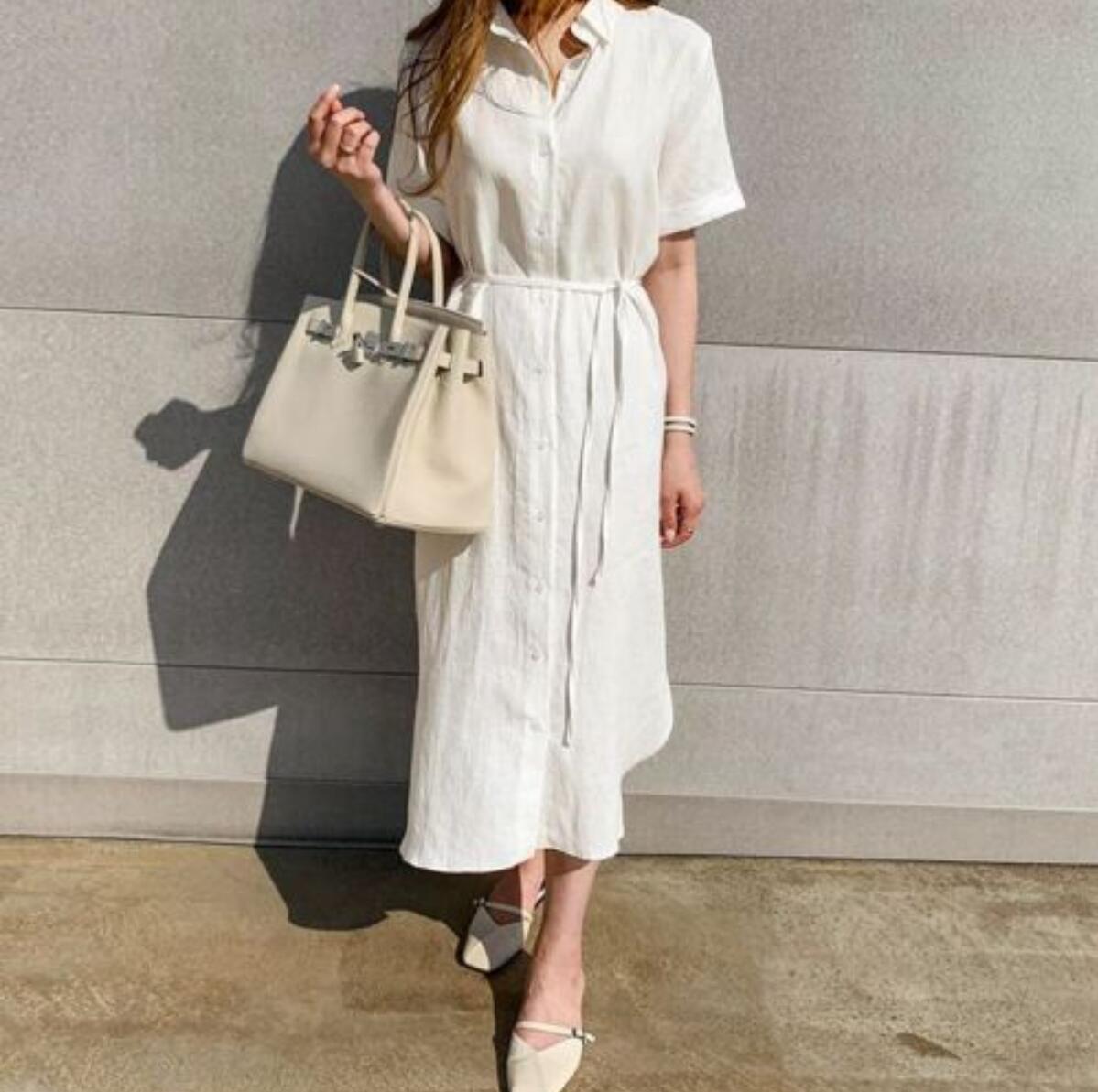 Korean Style Linen Shirt Dress with Lace-Up Waist