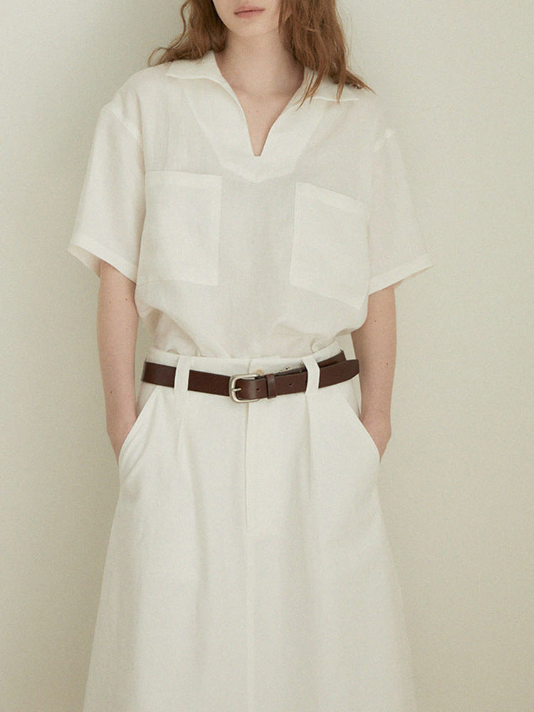 Linen V-Neck Loose Short Sleeve Womens Shirt