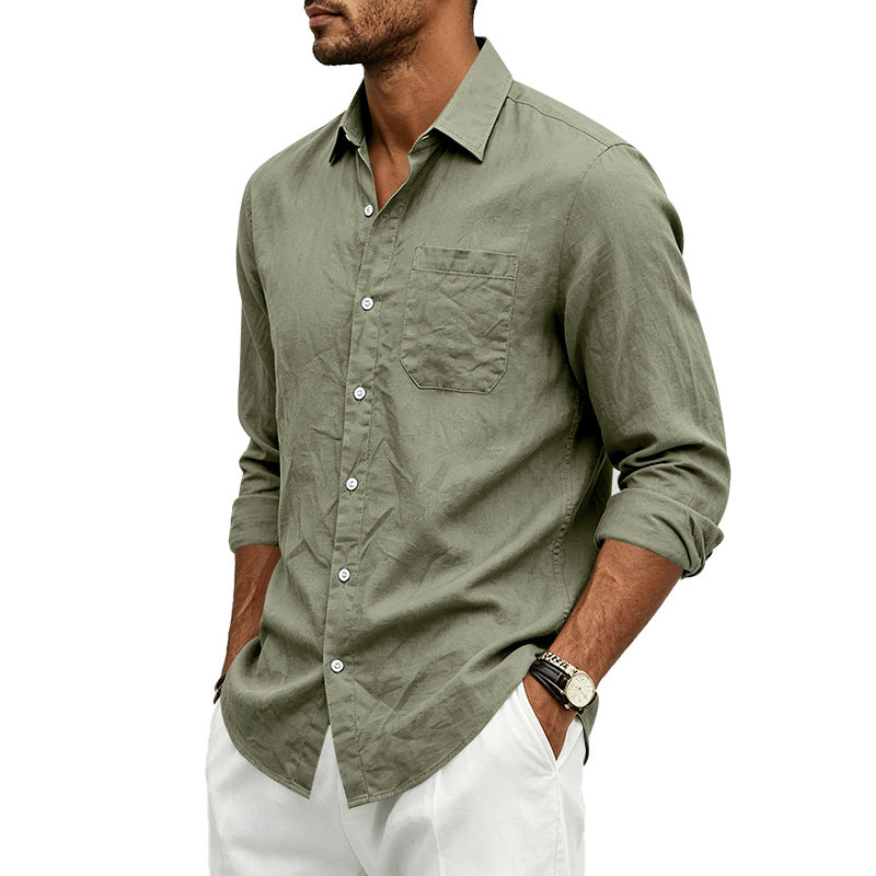 Mens Casual Linen Shirt Solid Color Long Sleeve Button Down