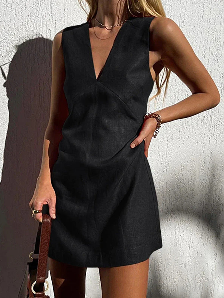 Womens Cotton Linen V-Neck A-Line Dress