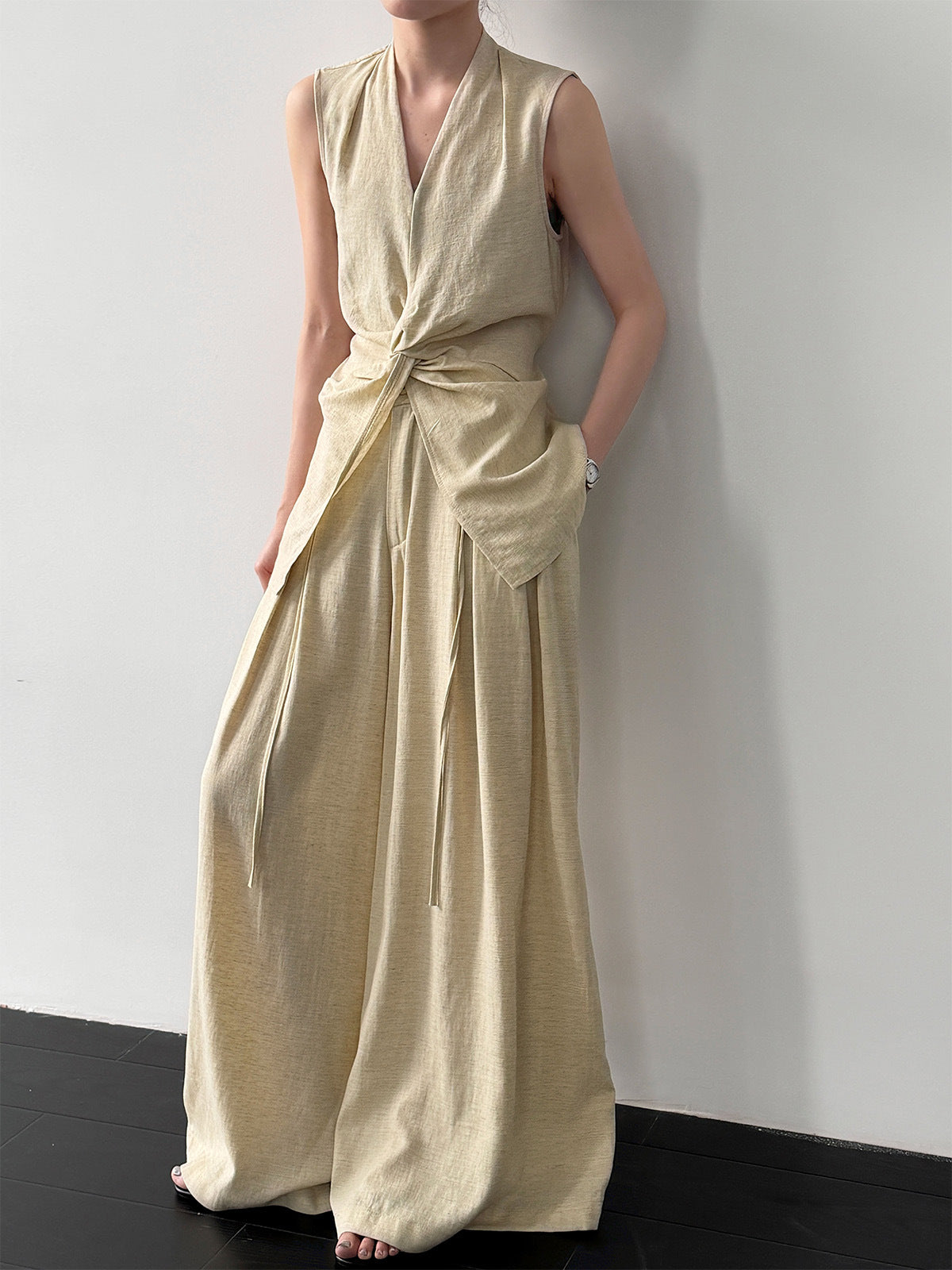 Women's Linen Vest and Wide-Leg Pants Set