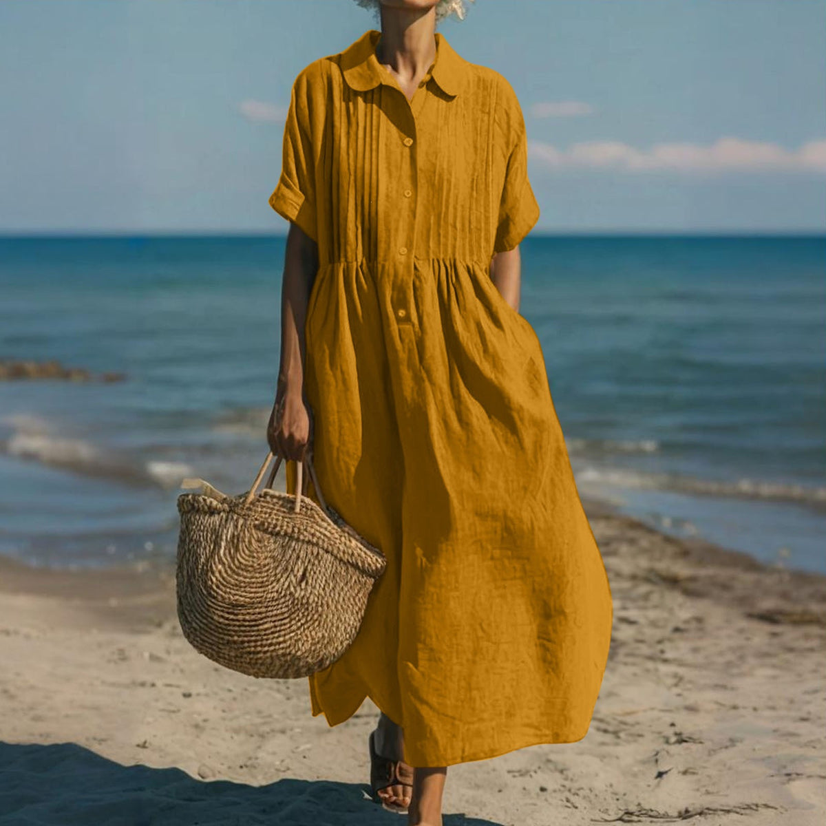Women's long dress casual loose collar buttoned pleated short-sleeved cotton and linen blouse