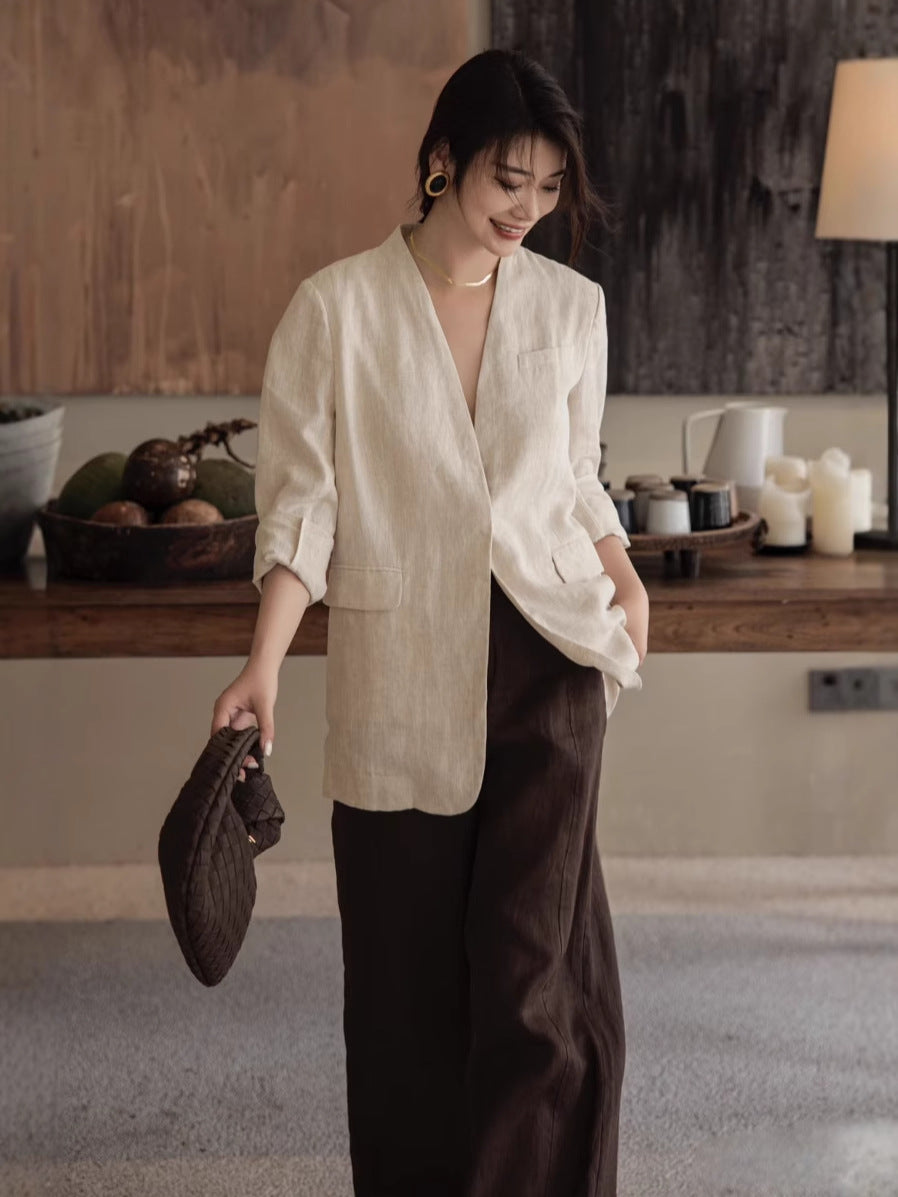 Linen V-Neck Loose Fit Jacket
