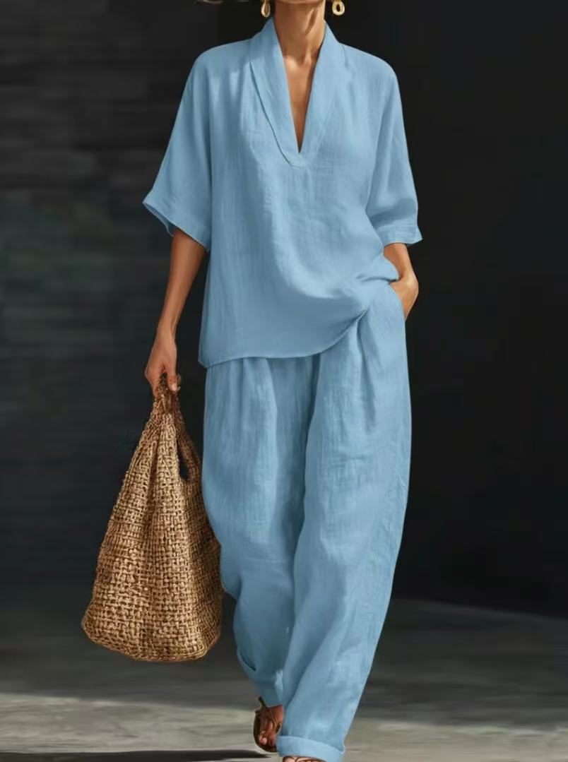 Womens Linen V-Neck Short-Sleeve Wide-Leg Pants