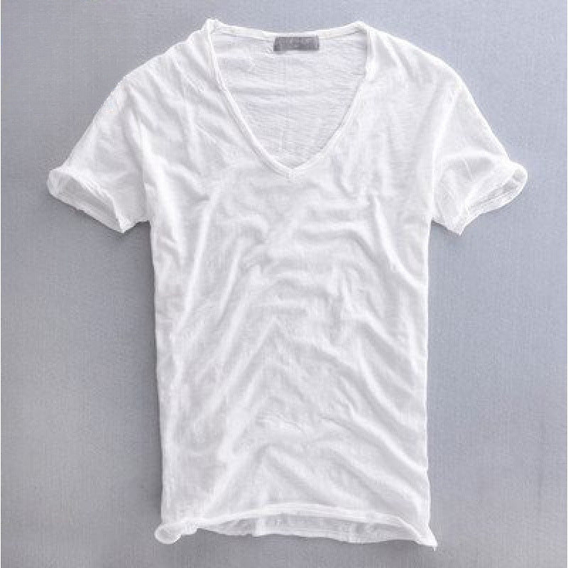 Men's Linen Cotton Short Sleeve T-Shirt V-Neck Solid Color
