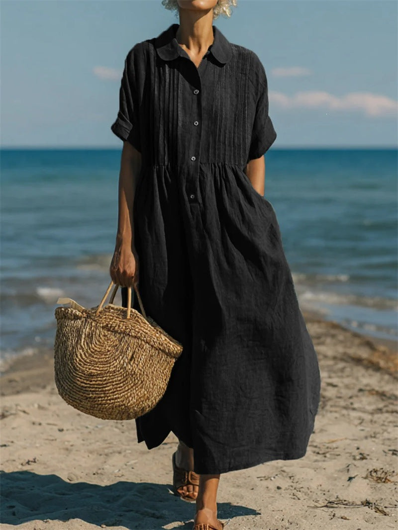 Women's long dress casual loose collar buttoned pleated short-sleeved cotton and linen blouse