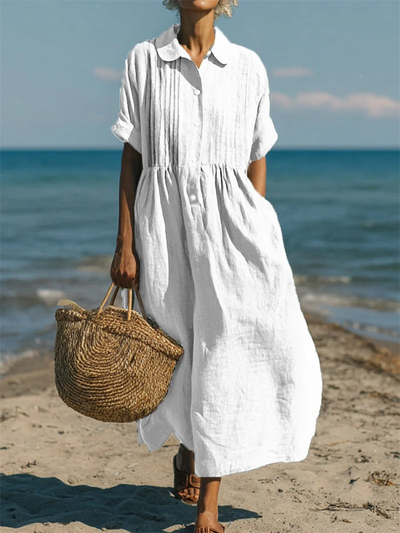 Women's long dress casual loose collar buttoned pleated short-sleeved cotton and linen blouse